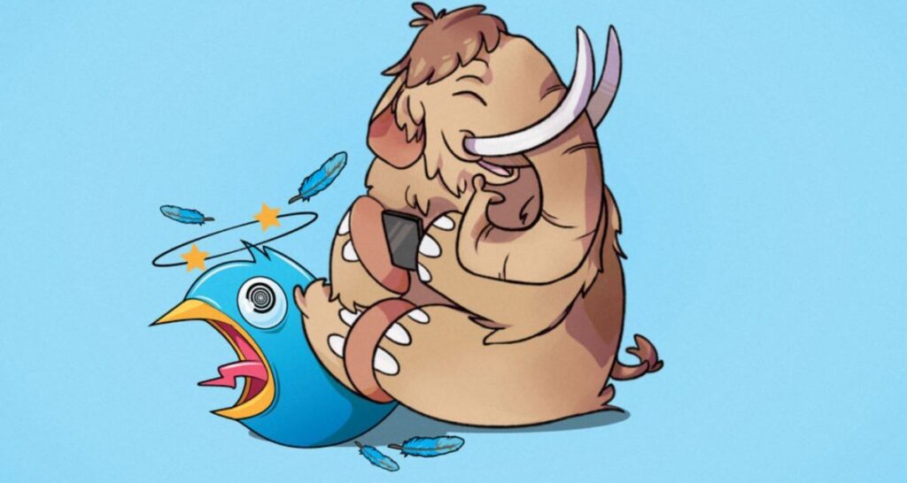 Image d'illustration montrant le mammouth de Mastodon écrasant l'oiseau bleu de Twitter