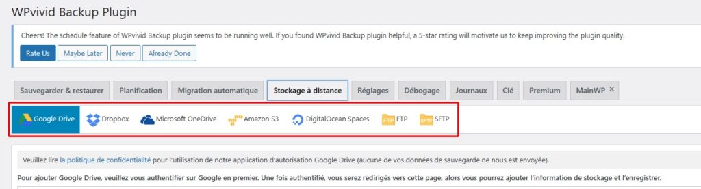 Les stockages à distance proposés par WPvivid Backup Plugin